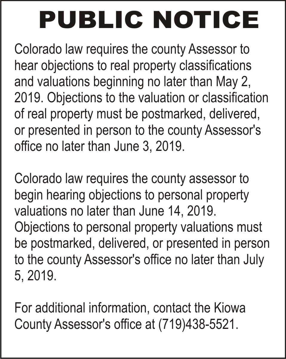 Kiowa County Assessor hearing objections to personal property valuation